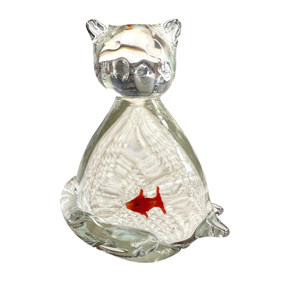 Sitting Cat Figurine With Fish Art‎ Glass Figurine Paperweight 5.5" Whimsical